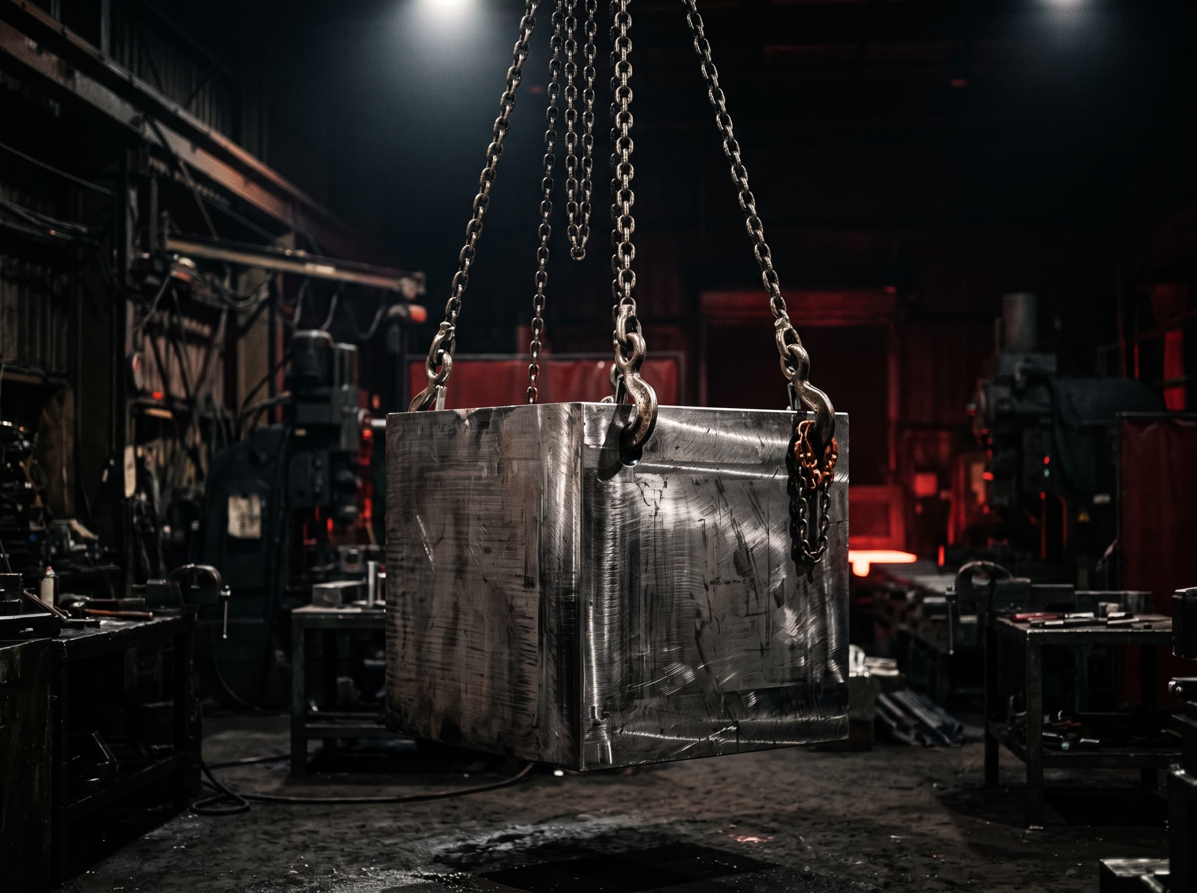 Machined steel block lifted on crane chains in the workshop